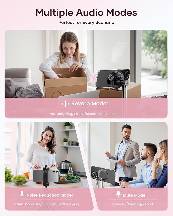Wireless Microphone for iPhone iPad and Android Phone, 2 Pack Wireless Lavalier Lapel Mic with Noise Reduction, Plug and Play Mini Microphone for Video Recording Interview YouTube TikTok Vlog (Pink) - Image 7