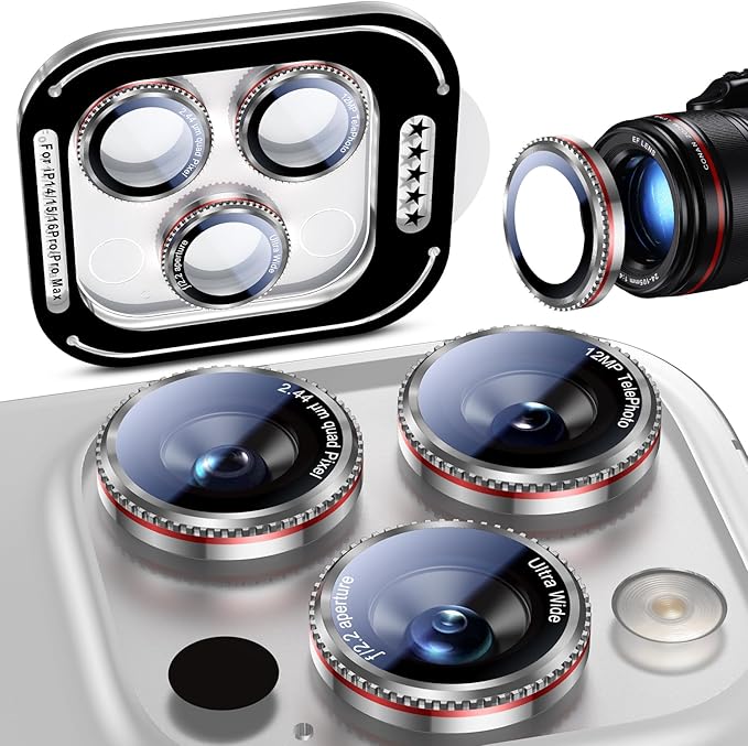Uyiton for iPhone 17/16/15/14 (Pro Max & Pro) Camera Lens Protector | Unique Lines Text Design, Case-Friendly, Military-Grade Sapphire Glass Metal Camera, Easy to Install, Gearwheel Silver+Red by Uyiton