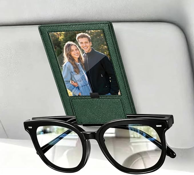 2-in-1 Car Visor Sunglasses & Photo Holder, Magnetic PU Leather Glasses Clip with Picture Display Slot, Universal Sun Visor Organizer for Eyeglasses, Personalized Cards & Memories, Green by Unknown