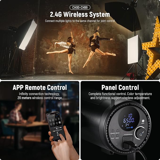 NEEWER CB200B 210W LED Video Light with 2.4G/APP Remote Control, All Metal Bi Color COB Continuous Output Lighting with Bowens Mount 90000Lux/1m 2700K-6500K CRI/TLCI97+ 12 Effects for Video Recording - Image 4