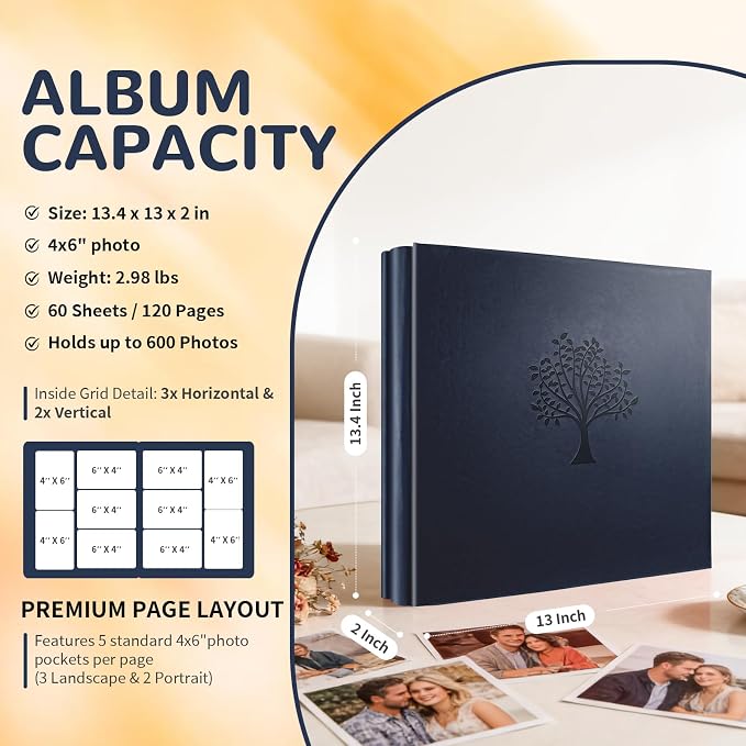 Photo Album 4x6 600 Pockets Slip In Extra Large Capacity | PU Leather Cover Picture Album Holds Horizontal & Vertical Photos for Family Wedding Baby Anniversary Christmas Gift - Image 2