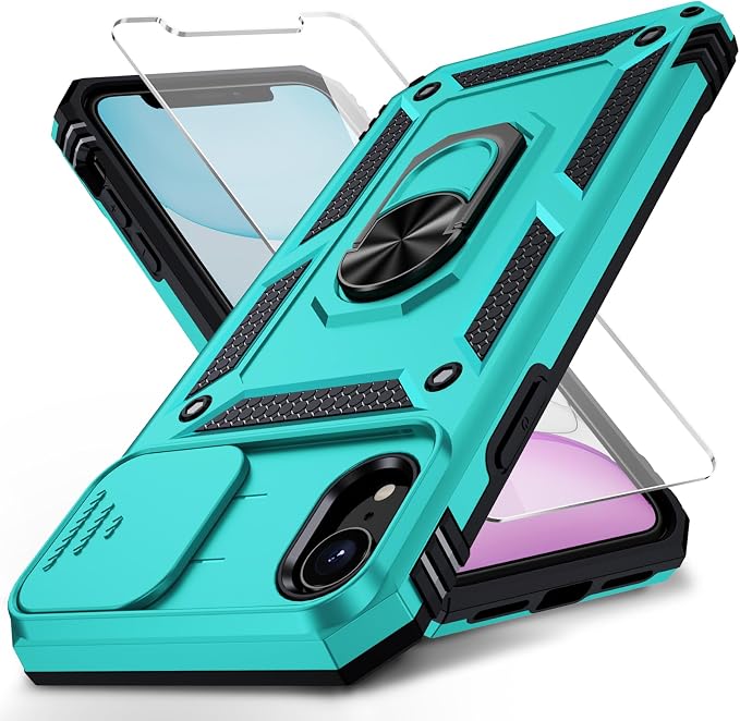 for iPhone XR Case with Camera Lens Cover, HD Screen Protector, 10 FT Military Grade Drop Protection, Magnetic Ring Holder Kickstand Protective Phone Case, Ice Green by Weycolor