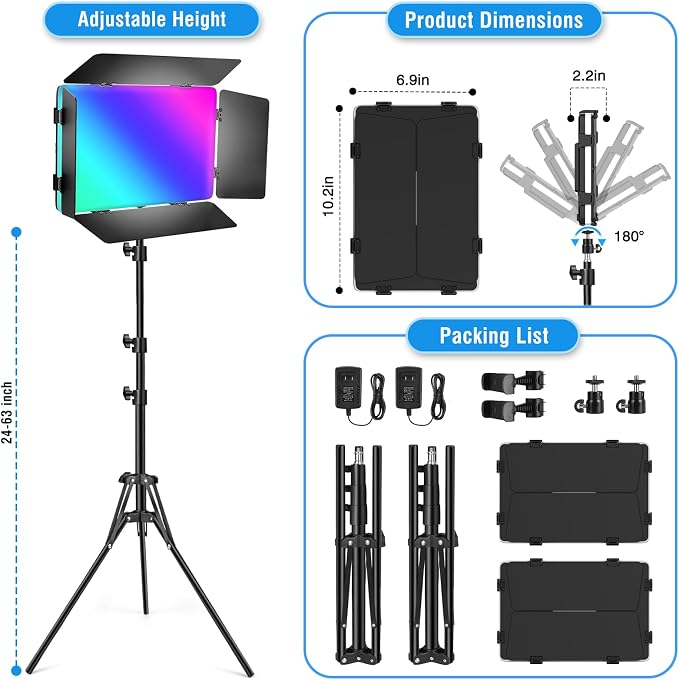 2-Pack LED Video Light Kit with 63'' Tripod Stand, Icceue 2500K-8500K Dimmable Studio Photography Panel Lighting for Video Recording Game Live Streaming Podcast YouTube Filming (2 Pack RGB) - Image 8