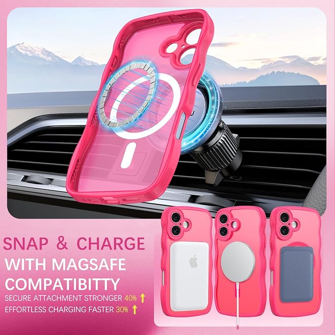 BENTOBEN Magnetic for iPhone 16 Case, Cute Wavy [Full Camera Protection][Compatible with MagSafe] Matte Anti-Slip Bumper Women Girls Boys Protective Cover for iPhone 16 6.1",Hot Pink - Image 7