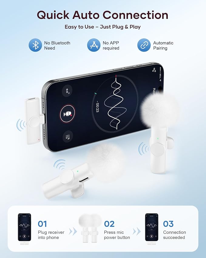 Wireless Microphone for iPhone iPad and Android Phone, 2 Pack Wireless Lavalier Lapel Mic with Noise Reduction, Plug and Play Mini Microphone for Video Recording Interview YouTube TikTok Vlog (White) - Image 2
