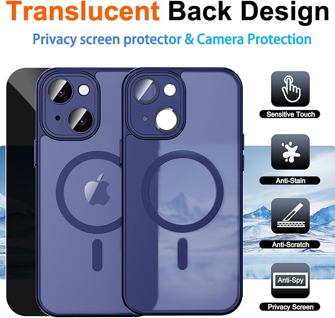 for iPhone 15 Case with Privacy Screen Protector, Blue | Full Camera Protection, Translucent Matte Magnetic, Compatible with MagSafe, Shockproof Phone Cover, Slim Fit - Image 2