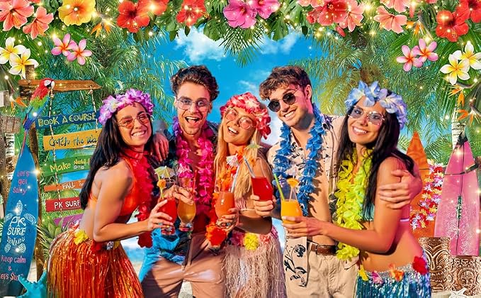 10x8ft Summer Hawaiian Beach Photography Tropical Luau Backdrop | Flower Palm Leaves Background, Aloha Party Supplies, Surfboard Banner, Holiday Photo Booth, Polyester, Grommets, 1PC - Image 3