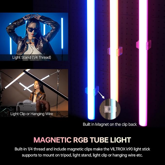 VILTROX K90 2 Pack RGB Tube Light, 30W 38inch Large RGBWY Photography LED Video Stick Light Wand with APP/2.4G/Remote Control, CRI 97+, 26 Scenes, 2500K-8500K, 14.8V/3300mAh Battery, Magnetic Chip - Image 5
