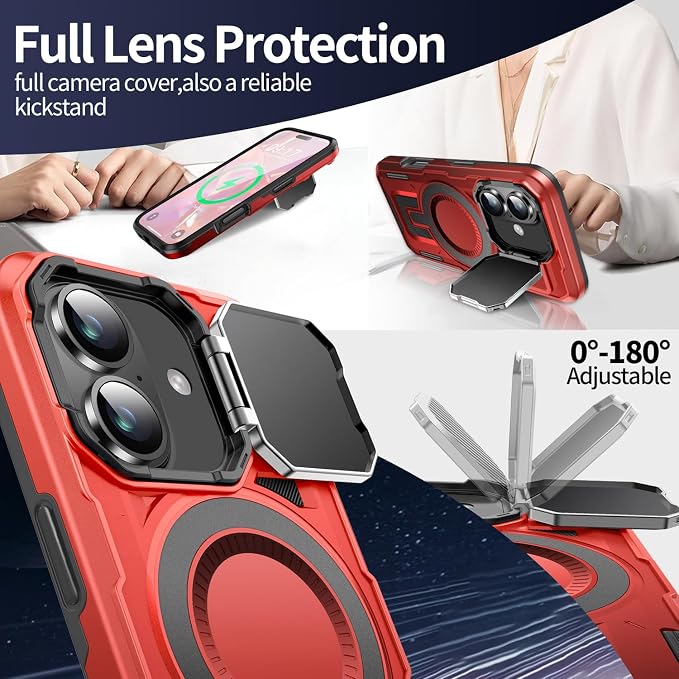 Camera Stand Case for iPhone 17, [Compatible with MagSafe] [Lens Cover] 2025 Version Military Grade Protective Soft Case for iPhone 17 6.3 inch Men Women, Red - Image 3