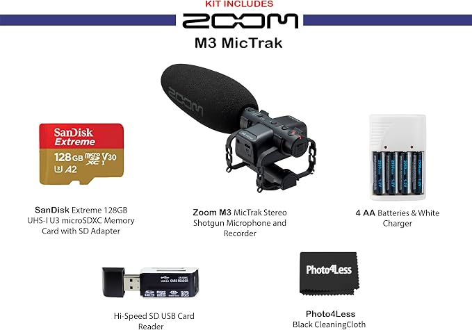 Zoom M3 MicTrak Stereo Shotgun Microphone and Recorder Bundled with 128GB microSD Card, Hi-Speed SD Card Reader, 4 AA Batteries & Charger, Cleaning Cloth - Image 3