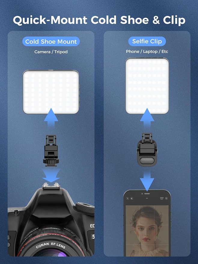 Smiling Shark Portable Camera Light with Magnetic 2000mAh Rechargeable | CRI 80+ LED Selfie Light with Clip and Cold Shoe Mount 3 Colors Brightness Adjustable Photo Light for Live Laptop Phone Video - Image 5