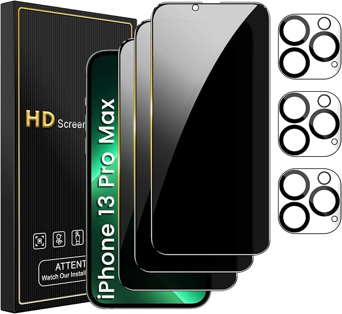 Romkasi 3 Pack Privacy Screen Protector for iPhone 13 Pro Max 6.7 Inch with 3 Pack Camera Lens Protector, Anti Spy Tempered Glass Film, Anti-Scratch, Touch Sensitive, Case Friendly by Unknown