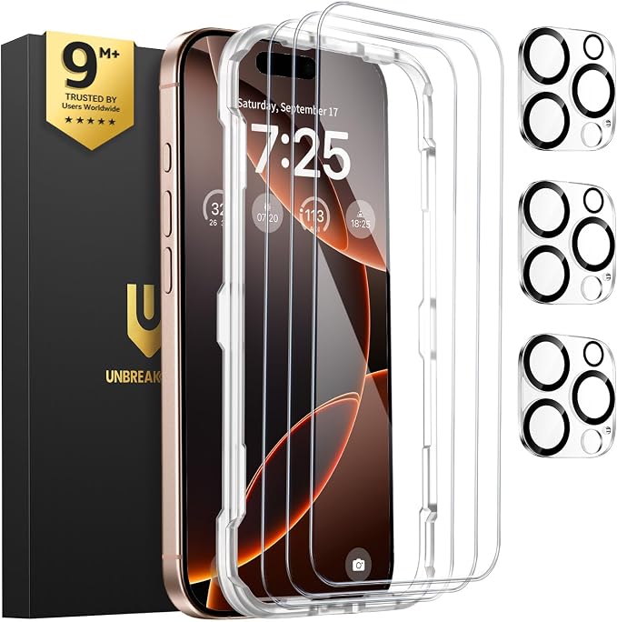UNBREAKcable iPhone 16 Pro Max Screen Protector & Camera Lens Protector | Upgraded Dual-Tempered Glass with Military-Grade 9H Hardness, 3-Pack,HD Clarity, Anti-Fingerprint, Case Friendly, Fits 6.9'' by UNBREAKcable