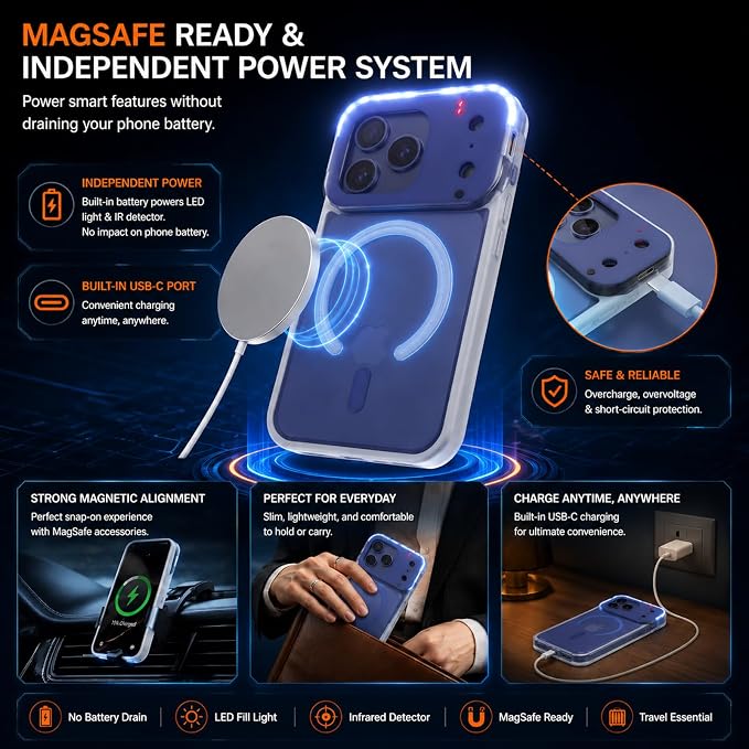 tesha Selfie Light Case for iPhone 17 Pro Max, MagSafe, Camera Detector | 2-Level LED Brightness, IR Hidden Camera Scanner, Drop Protection, Rechargeable Light Up Cover, No APP Needed for Video Vlog - Image 4