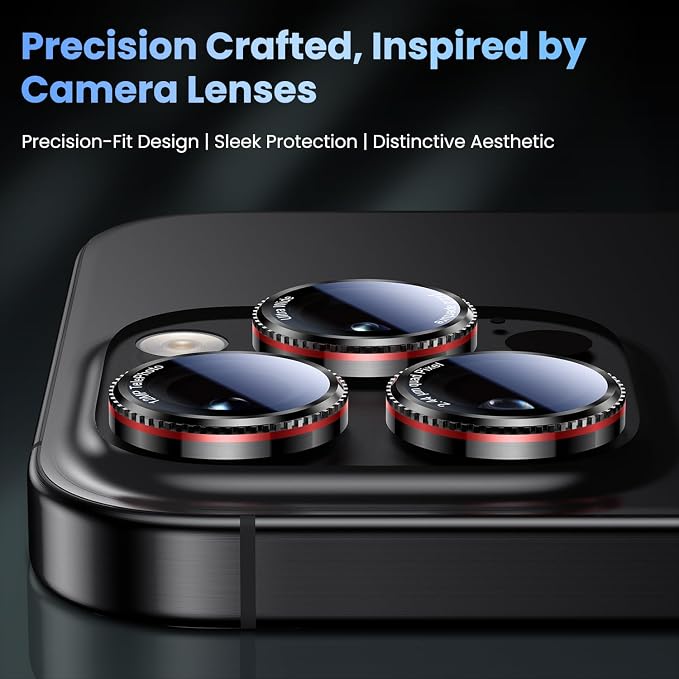 Uyiton for iPhone 17/16/15/14 (Pro Max & Pro) Camera Lens Protector | Unique Lines Text Design, Case-Friendly, Military-Grade Sapphire Glass Metal Camera, Easy to Install, Gearwheel Black+Red - Image 2