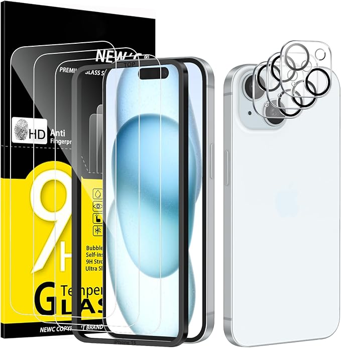 NEW'C 3x for iPhone 15 Screen Protector (6.1 inches)+ 3x Camera Lens Protector, Sensor Protection, Case Friendly Tempered Glass Film + Dust Plug- Easy installation tool include by NEWC