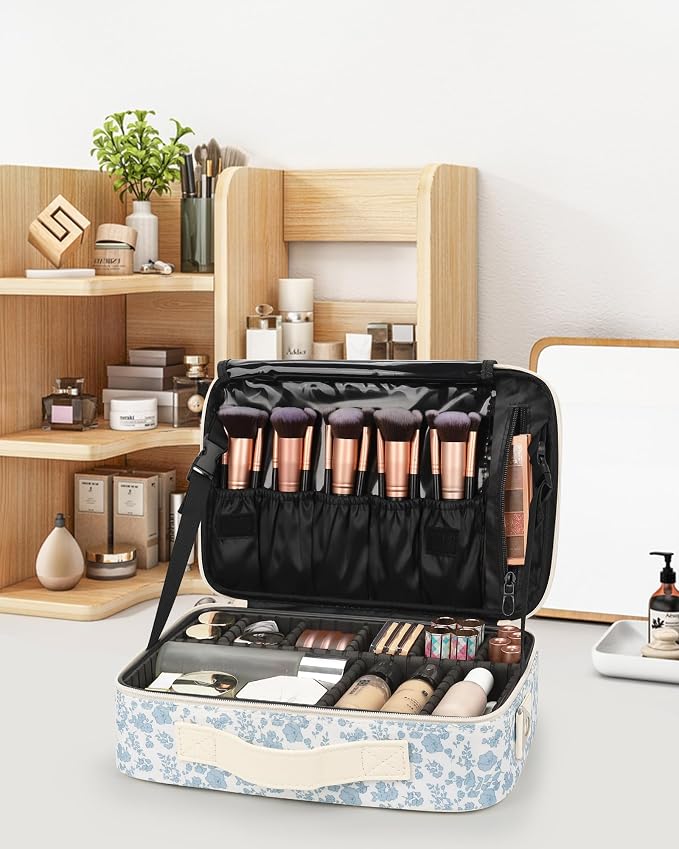 Relavel Makeup Bag Travel Train Case for Women and Girls, Cute Cosmetic Storage Organizer Box Portable Shoulder Bag with Adjustable Dividers and Makeup Brush Comparment, Floral Print - Image 8
