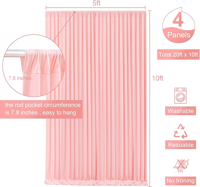 4 Panels Blush Pink Backdrop Curtain for Parties Baby Shower Wrinkle Free Pink Photo Curtains Backdrop Drapes Fabric Decoration for Wedding Birthday Party 20ft(W) x 10ft(H) - Image 5