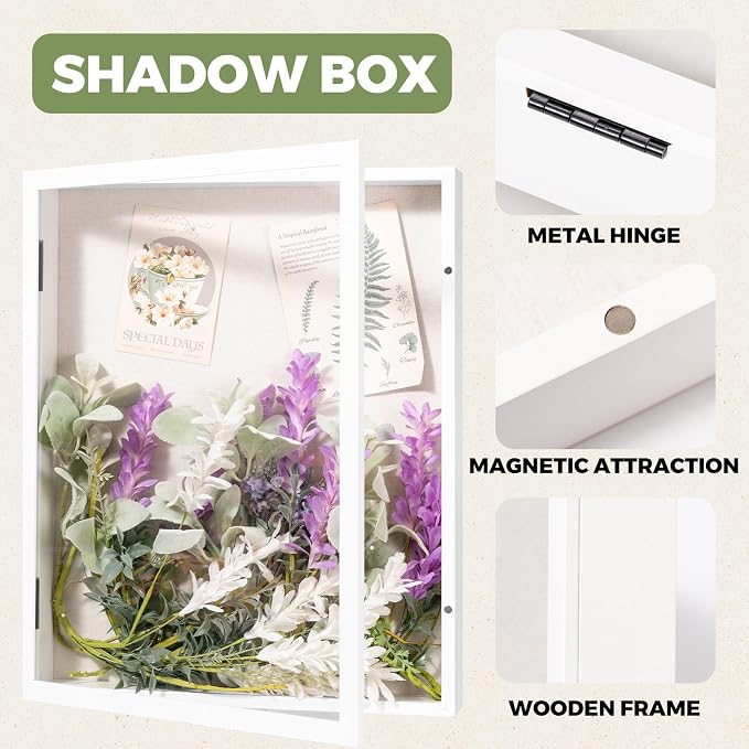 Muzilife 16x20 Shadow Box Wood Picture Frame, 2.16 Deep, Real Glass, White | FSC-Wood, Magnetic Door, Linen Interior & Pins, Vertical, Horizontal Wall Hanging, Display Case Frame for Photos & Keepsakes - Image 5