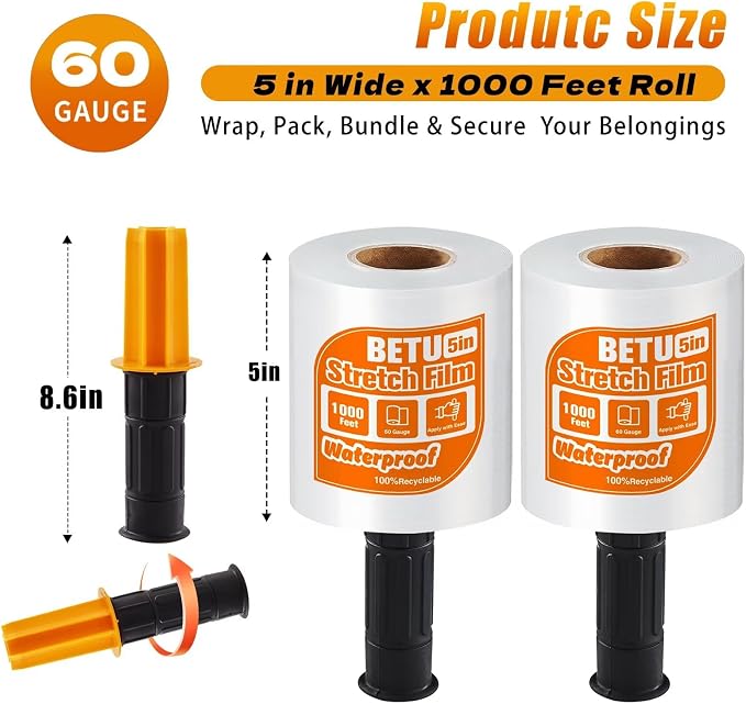 Stretch Film Shrink Wrap for Moving Supplies (5inch, 2 Pack) x 1000ft, Industrial Strength Plastic Wrap Stretch Roll for Pallet Wrapping Shipping Moving Boxes Storage Furniture with Handles, Clear - Image 2