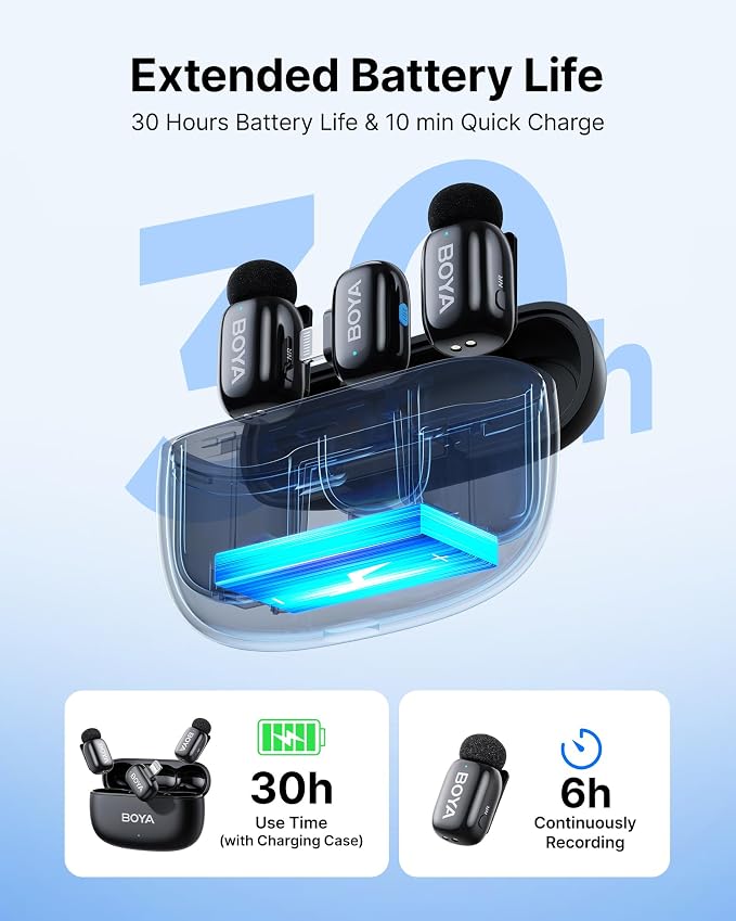 BOYA mini 2 Microphone for iPhone 5-14 with MFi Certified Lightning Plug | Lapel Microphone Wireless with AI Noise Cancellation, App Control, 30H Battery Life with Charging Case for Recording Vlogging - Image 8