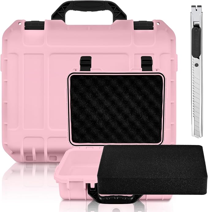 Relaxweex 1 Pcs Waterproof Hard Case with DIY Customizable Foam Insert Portable Protective Case with Knife for Camera Drones Equipments Tools Test Instruments(Pink,16.3 x 12.4 x 6.5 Inch) by Relaxweex