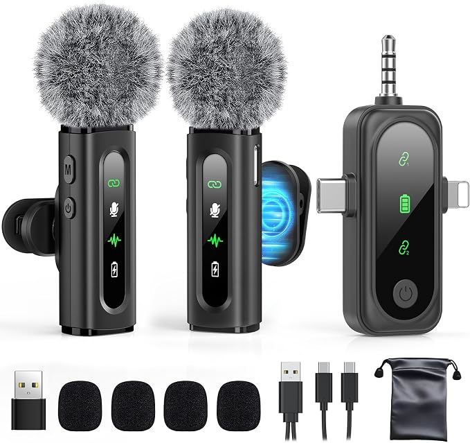 GoorDik Wireless Lavalier Microphone for iPhone, Android, USB C, PC, Camera Video Recording 4 in 1 Clip-on Mics with Rotatable Clip&Denoise Recording, for Vlog Tiktok YouTube Podcast Content Creator by GoorDik