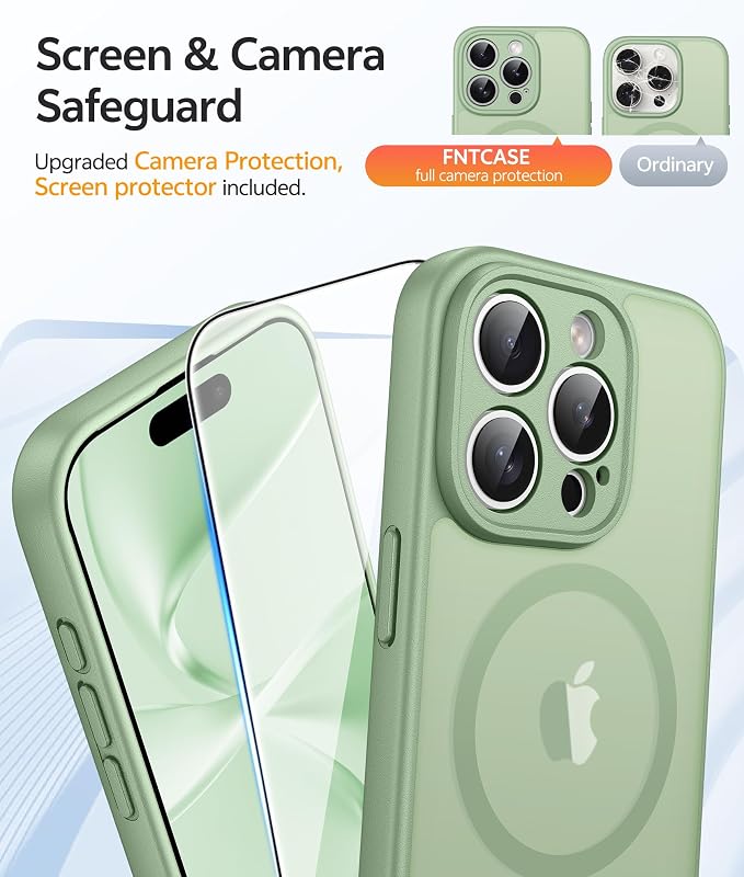 FNTCASE for iPhone 15 Pro Max Case, Fit for Magsafe, Glass Screen Protector | Full Camera Protection, Translucent Matte, 14FT Military Grade Drop Proof, Shockproof Protective Phone Cover, Light Moss - Image 4