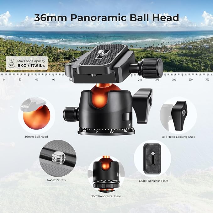 K&F CONCEPT 64" Carbon Fiber Camera Tripod with 1.4" Metal Ball Head | Lightweight Travel Tripod, Max Load 17.6lbs, Quick Release Plate, For DSLR Camera Indoor Outdoor, O254C2+BH-36 - Image 6