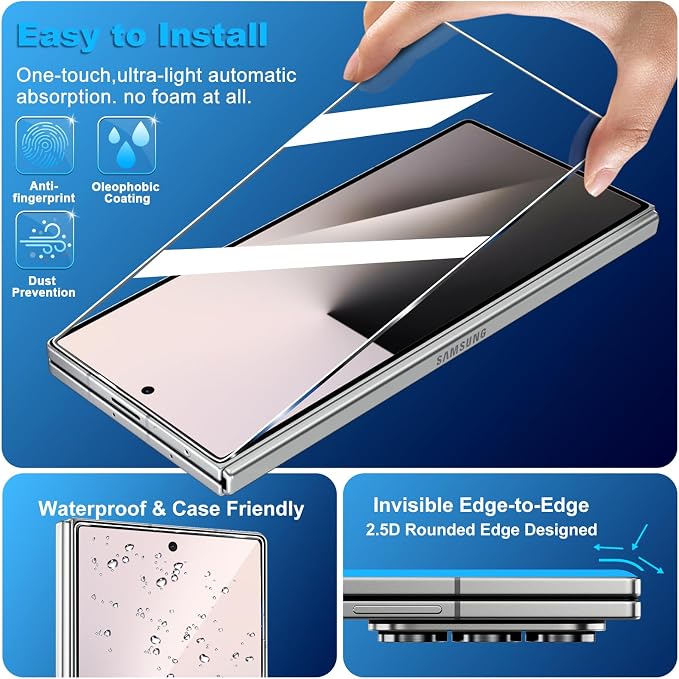 letosan 3 Pack for Samsung Galaxy Z Fold 8 Ultra Screen Protector Tempered Glass + 1 Pack Camera Lens Protector, Military Grade Shatterproof, 9H+ Hardness, Auto Alignment Frame 6.5 Inch - Image 7