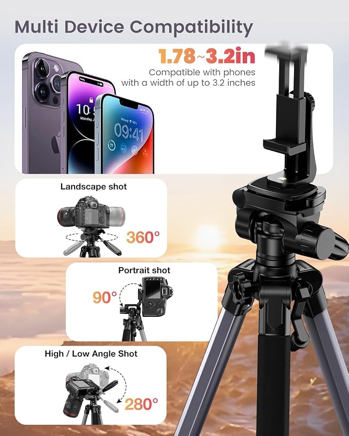 CAMBOFOTO 74″ Camera Tripod, Phone Tripod for iPhone Lightweight Tripod | 360° Pan Head Gunmetal Gray Heavy‐Duty Tripod Stand for DSLR & Mirrorless Cameras/Smartphones/GoPro, with Phone Mount - Image 5