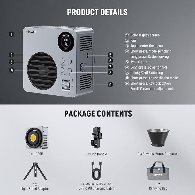 NEEWER 80W LED Video Light with 72Wh Battery/100W PD Fast Charging APP/2.4G Control Portable Bi Color Mini COB Studio Continuous Output Lighting 26500lx/1m 2700-6500K Dimmable CRI95+ 13 Scenes, HB80B - Image 9