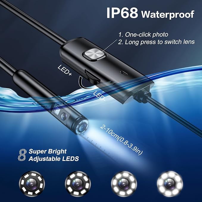 Dual Lens Endoscope Camera with Light Borescope Inspection Camera | Borescope Camera with 8+1 Adjustable LED Lights 1980P IP68 Waterproof 16.5ft Semi Rigid Snake Camera for iPhone iPad Phone - Image 4