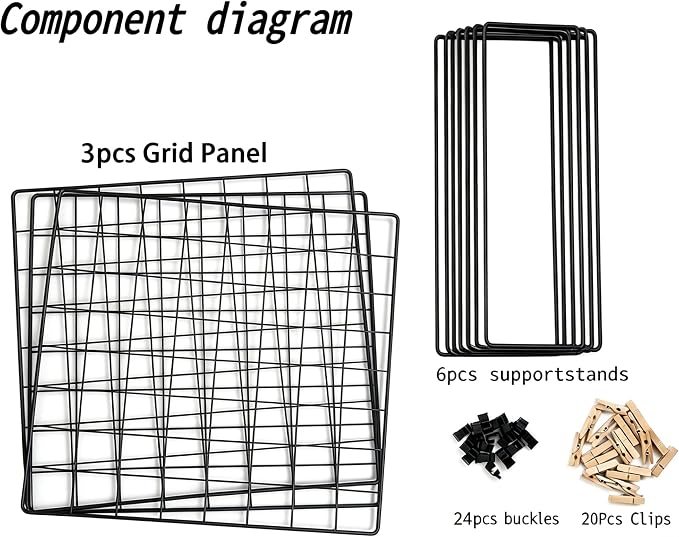 Foldable Desktop Photo Display Rack & Grid Display Board with 20 Wooden Clips – Photo, Accessory & Handcraft Display Organizer for Home Office Black Three-Grid Style - Image 4