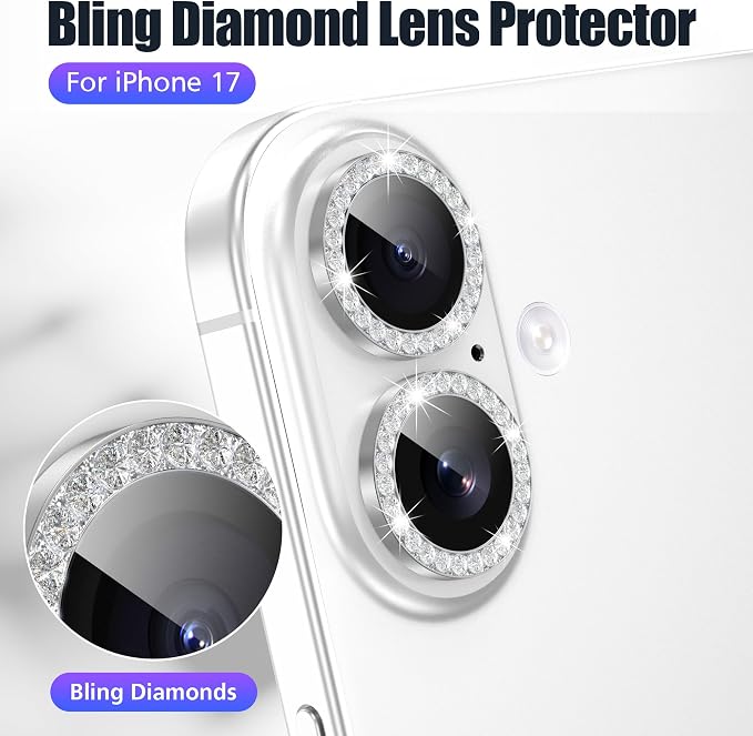 AGVEE 3+3 6 Pack for iPhone 17 Camera Lens Protector Cover | Individual Bling Diamond & Bling Glitter Sparkle Cute Gem Metal Ring, 9H Tempered HD Glass - Image 4