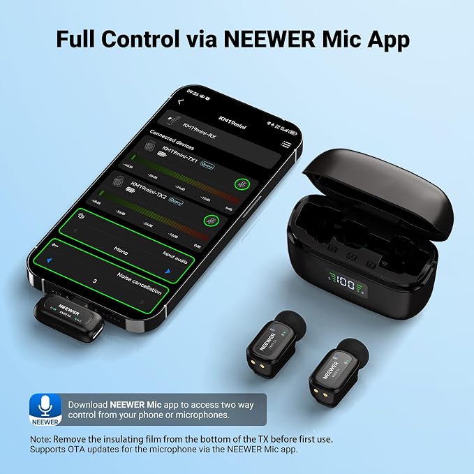 NEEWER KM19 Mini Lav Mic Compatible with iPhone 17 16 15, Black | Noise Canceling Wireless Lapel Microphone with App Control, 30h Battery, 100m Range, Compatible with iPhone Android PC - Image 9