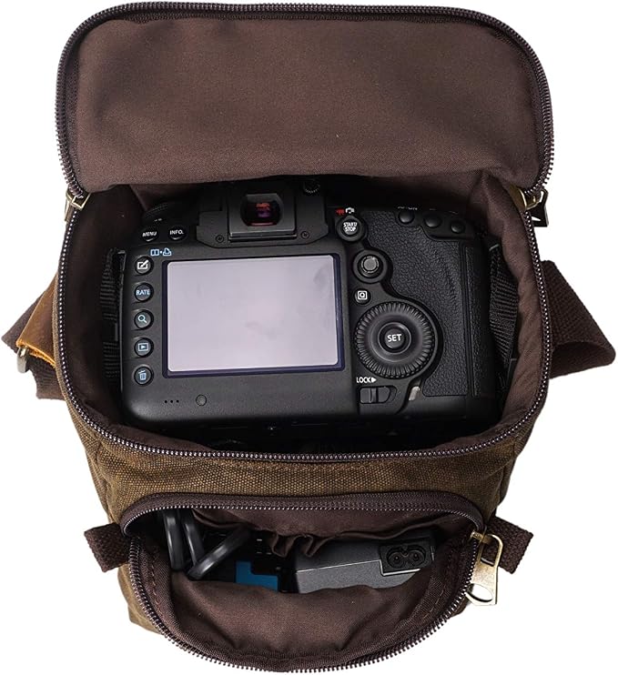 Small Camera Bag/Case, Vintage Canvase Leather Trim DSLR SLR Camera Shoulder Messenger Sling Bag - Image 6