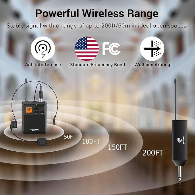 TONOR UHF Wireless Microphone System, 1 Set of Bodypack & Lavalier Mic | UHF Headset Lapel Mic, Rechargeable Receiver, 15 Channels 60 m/200ft Range 1/4" Output for Teaching, Recording ,Tour Guide - Image 2