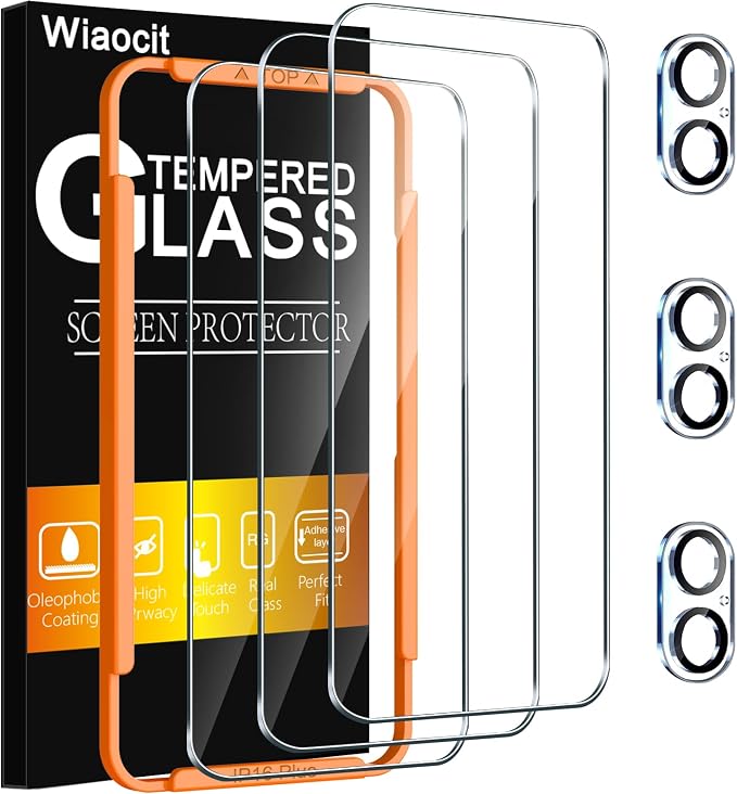 Wiaocit Tempered Glass Screen Protector for iPhone 16 Plus | 3+3 Pack, 9H Hardness, Camera Lens Protector, Installation Frame, Bubble Free, Case Friendly by Wiaocit