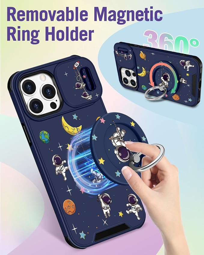 Buleens for iPhone 13 Pro Max Case - with Ring Stand & Camera Cover Cute Designed for Women Cartoon Astronaut for Phone Case for iPhone 13 Pro Max Compatible with Magsafe - Image 5