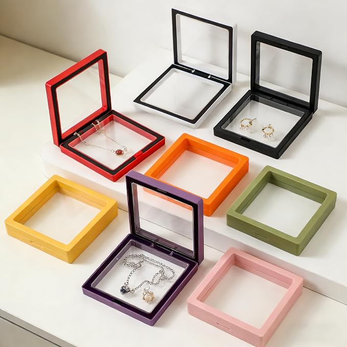 12 PCS Dual-Color Packaging Box 3D Floating Frame Display Stand, Color-Matching Packaging Display Box, Transparent Window Jewelry Case, PE Film Anti-Oxidation Storage Case. (Mixed Multi-Color) - Image 2