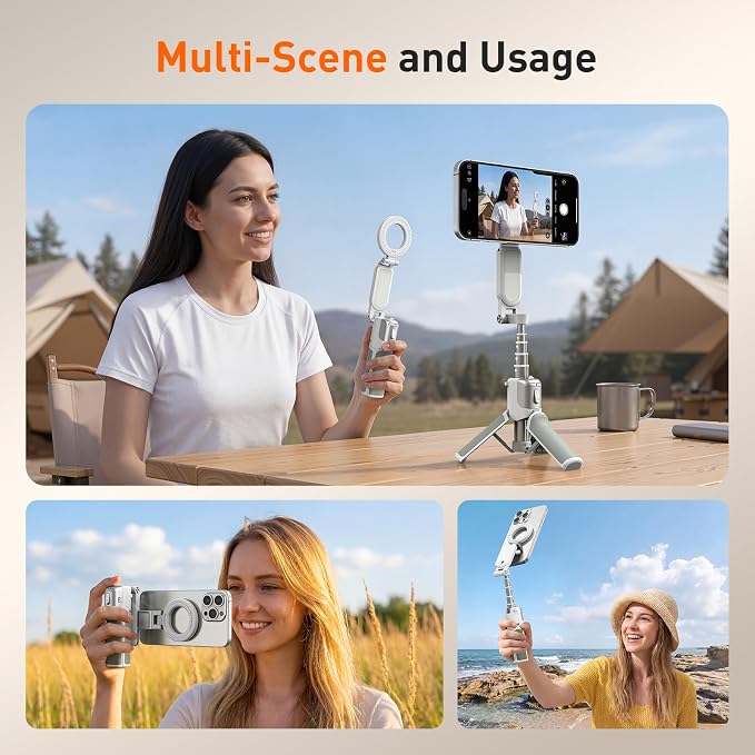 AMAZEAR Phone Camera Grip with Selfie Stick Tripod, Cellphone Accessories with Detachable Wireless Shutter Button for iPhone 16 17 Pro Max, Comfort Ergonomic Smartphone Handle Holder, White - Image 2
