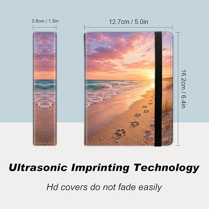 DEGDFSGR 4x6 Small Photo Album, 60 Pockets Holds 120 Photos | Slip-in pockets, black elastic band, portable for family, wedding, baby, travel photos, Sunset Beach Ocean Waves Paw Prints - Image 2