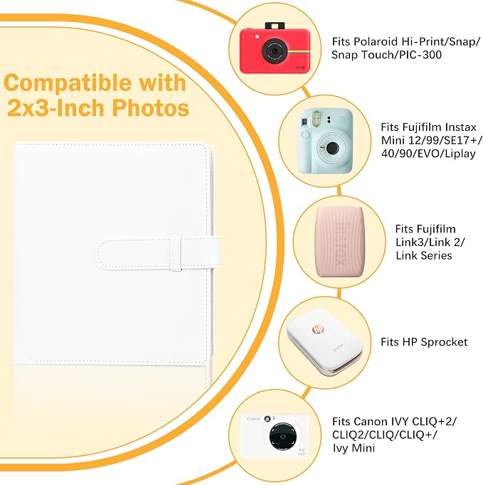 Veicevol 256-Pocket 2x3 Photo Album for Instax Mini and Polaroid, White | PU Leather Cover Keeps, Fits Instax Mini and Polaroid 2x3 Photos, Protects Travel, Wedding and Family Memories - Image 3
