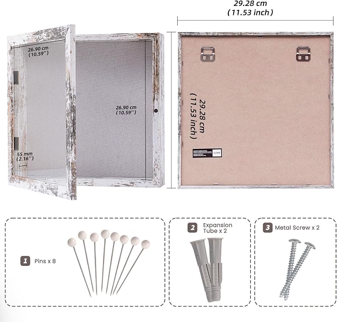 Muzilife 11x11 Shadow Box Picture Frame, 2.16 Deep, Real Glass, Rustic White - Image 3