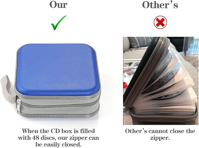 alavisxf xx CD Case, 48 Capacity Hard Plastic Zipper Disc Wallet for Car | Portable Hand Strap, Zipper Closure, Anti-Slip Scratch-Resistant Sleeves, DVD Storage Organizer, for Home Office Travel - Image 6