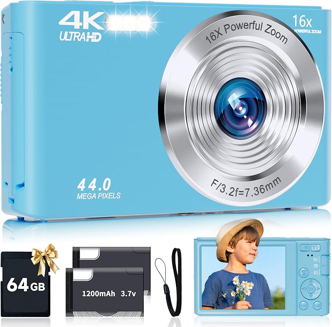 SMARTKLIK Digital Camera for Teens, FHD 4K 44MP with 64GB SD Card, 16X Digital Zoom, Compact Point Shoot Camera Blue by SMARTKLIK