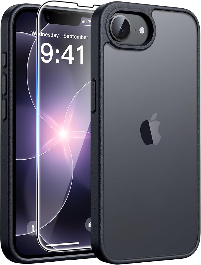 FNTCASE for iPhone 17e/16e Case, Screen Protector, Translucent Matte Back | 14FT Military Grade Drop Protection, Shockproof Protective Phone Cover, Black Matte by FNTCASE
