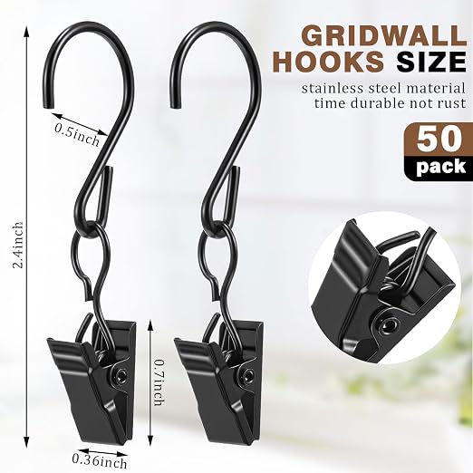 Frienda 50 Pcs Grid Wall Hooks Stainless Steel S Hooks Clips Gridwall Shelf Accessories for Hanging Outside String Lights Picture Photos Drying Clothes Garage Display Retail Art Craft (Black) - Image 2