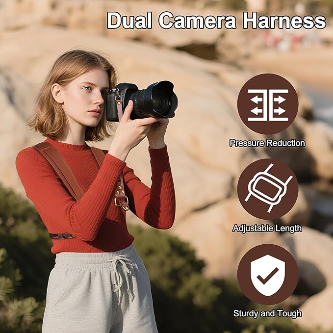 JUNART Camera Strap,Leather Dual Camera Harness with Shoulder Widening Stress Relief, for Two DSLR/SLR Cameras - Image 4